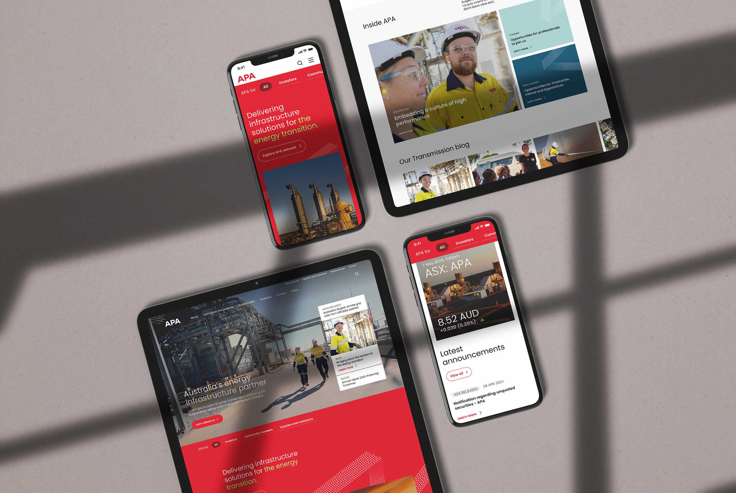 Layered desktop navigation and editorial storytelling treatment