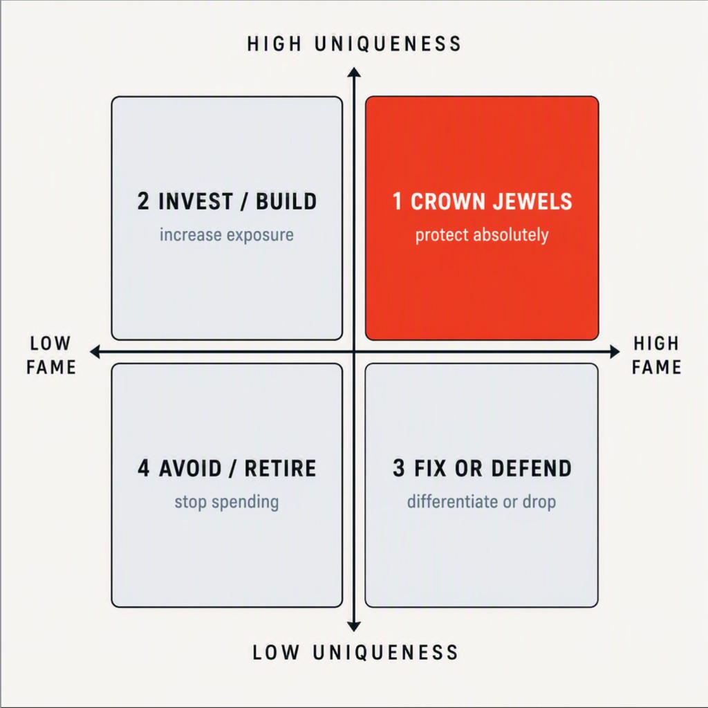 Two-by-two grid of distinctive brand assets. Vertical axis uniqueness, horizontal axis fame. Top right, 1 Crown jewels, protect absolutely, highlighted. Top left, 2 Invest and build, increase exposure. Bottom right, 3 Fix or defend, differentiate or drop. Bottom left, 4 Avoid or retire, stop spending.
