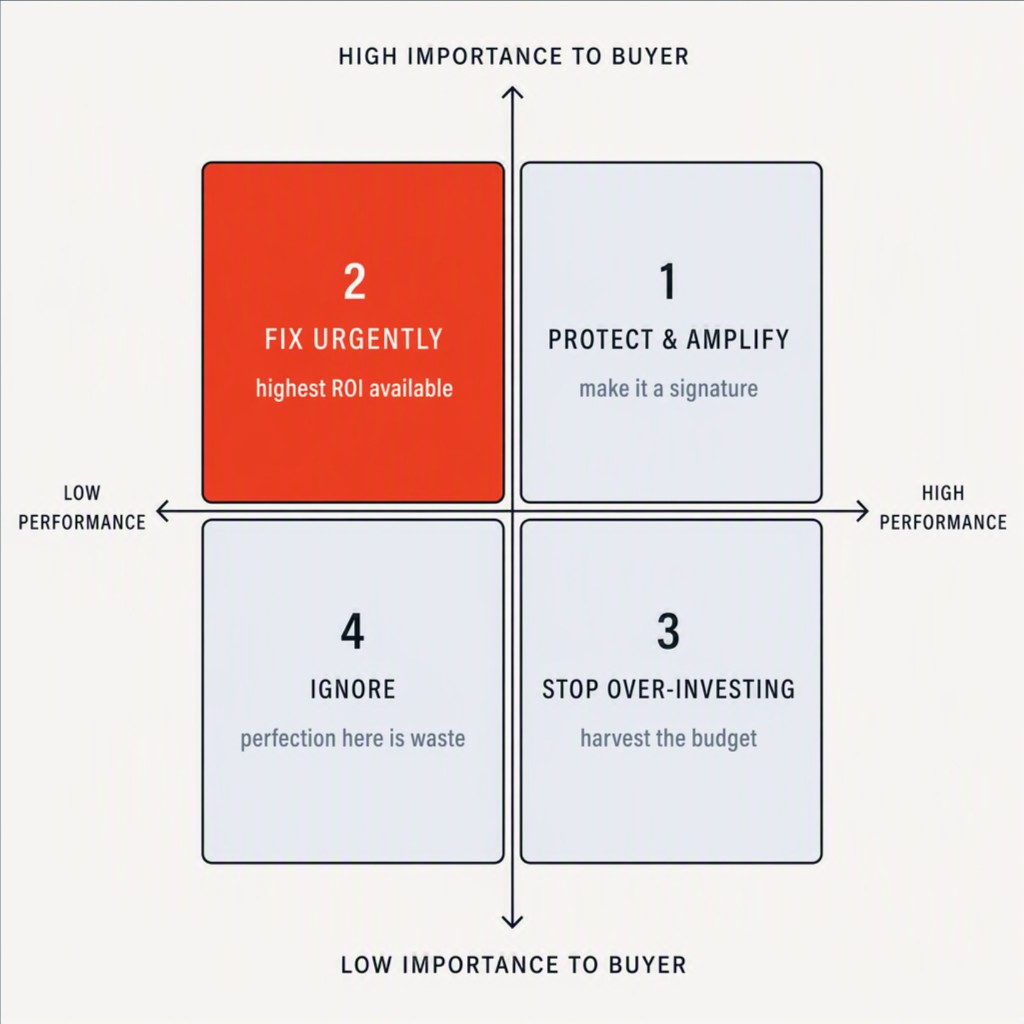 Two-by-two matrix of performance versus importance to buyer. Top left, 2 Fix urgently, highest ROI, highlighted. Top right, 1 Protect and amplify, make it a signature. Bottom right, 3 Stop over-investing, harvest the budget. Bottom left, 4 Ignore, perfection here is waste.