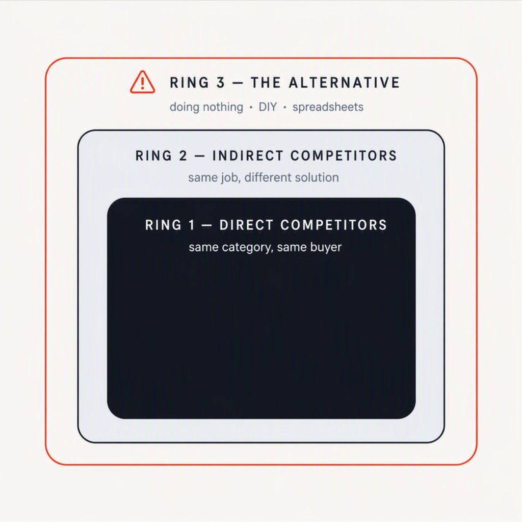 Three nested rings of competition. Ring 1, the dark inner block: direct competitors — same category, same buyer. Ring 2: indirect competitors — same job, different solution. Ring 3, outlined in accent: the alternative — doing nothing, DIY, spreadsheets.