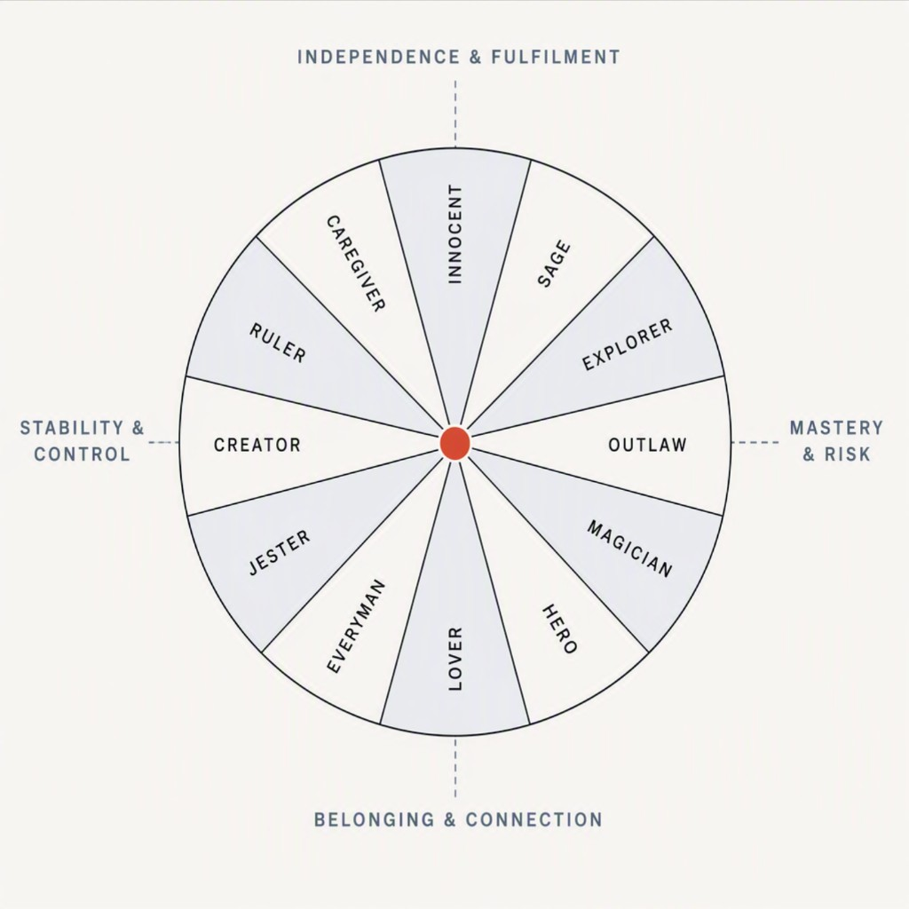 A twelve-segment wheel of brand archetypes on two axes: independence and fulfilment versus belonging and connection, and stability and control versus mastery and risk. Clockwise from the top: Innocent, Sage, Explorer, Outlaw, Magician, Hero, Lover, Everyman, Jester, Creator, Ruler, Caregiver.
