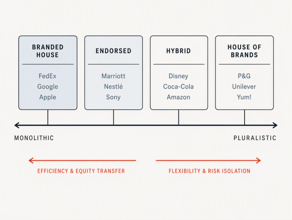 Horizontal spectrum from monolithic to pluralistic. Four models: Branded House, examples FedEx, Google, Apple. Endorsed, Marriott, Nestlé, Sony. Hybrid, Disney, Coca-Cola, Amazon. House of Brands, P&G, Unilever, Yum. Left arrow: efficiency and equity transfer. Right arrow: flexibility and risk isolation.
