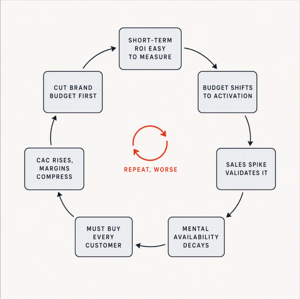 A seven-step circular loop of brand decline: short-term ROI is easy to measure; budget shifts to activation; sales spike validates it; mental availability decays; you must buy every customer; CAC rises and margins compress; brand budget is cut first; then repeat, worse.